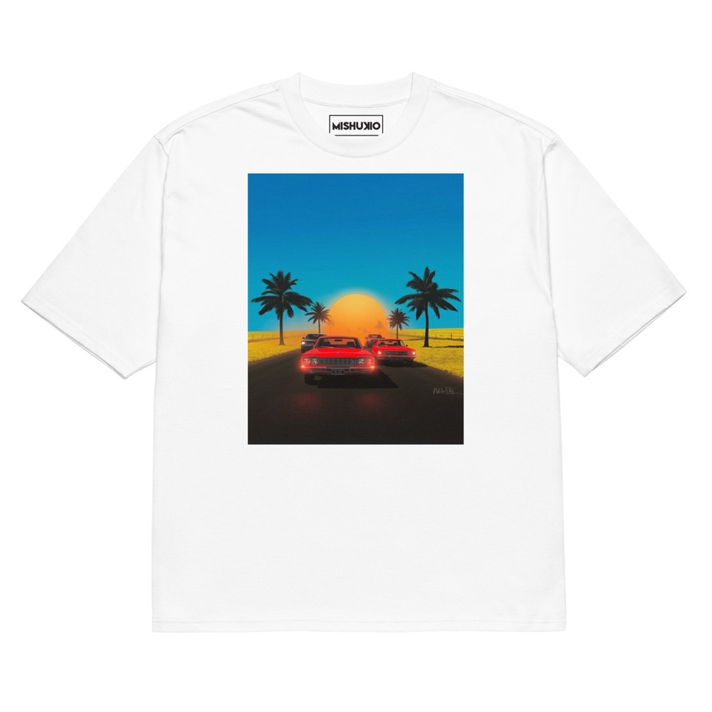 Racing Cars & Palm Trees White Graphic T-Shirt